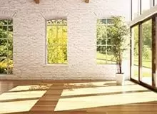 Empty room of business, or residence with hardwood floors, stone walls and woods background. Photo realistic 3d rendering. Empty room of business, or residence with hardwood floors, stone walls and woods background. Photo realistic 3d rendering.